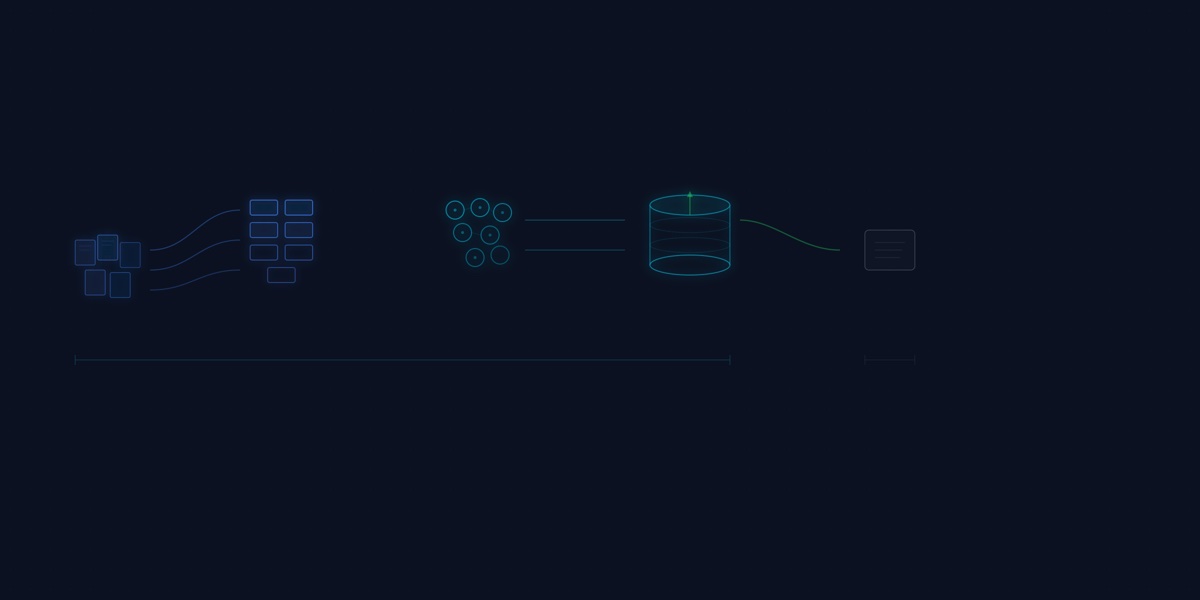 Abstract visualization of structured data flowing through layered processing pipelines on a dark background